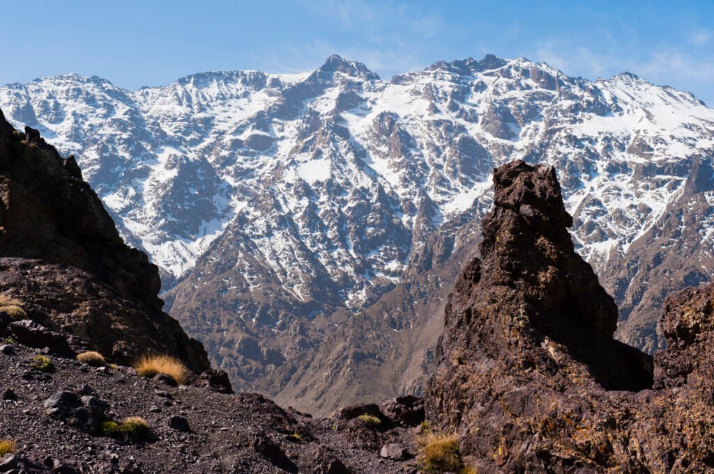 High Atlas mountain scenery on the walk between Oukaimeden ski resort and Tacheddirt, High Atlas Mou